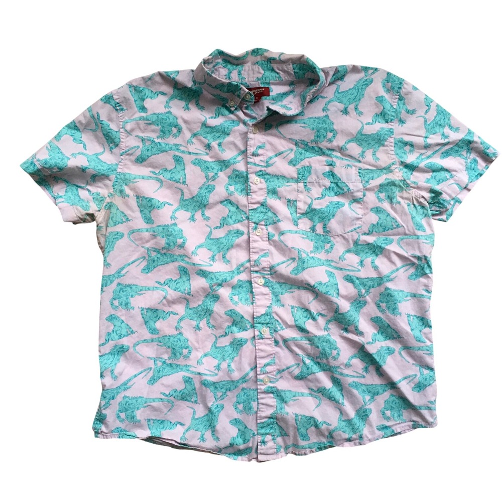 Arizona Jean Co Mens XL Iguana Lizard Print Short Sleeve Button Down Shirt Pink